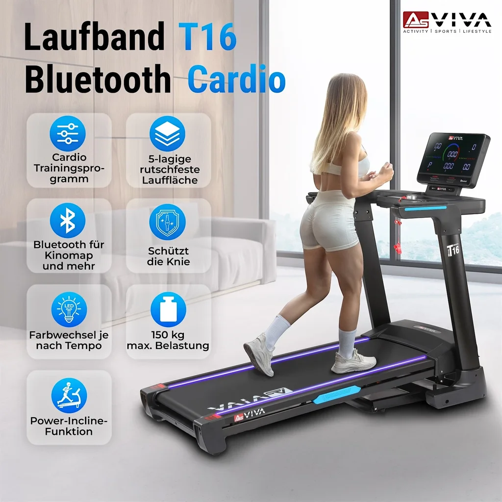 Detailansicht des AsVIVA Laufbands Smart Run T16 mit den Bluetooth-Cardio-Funktionen